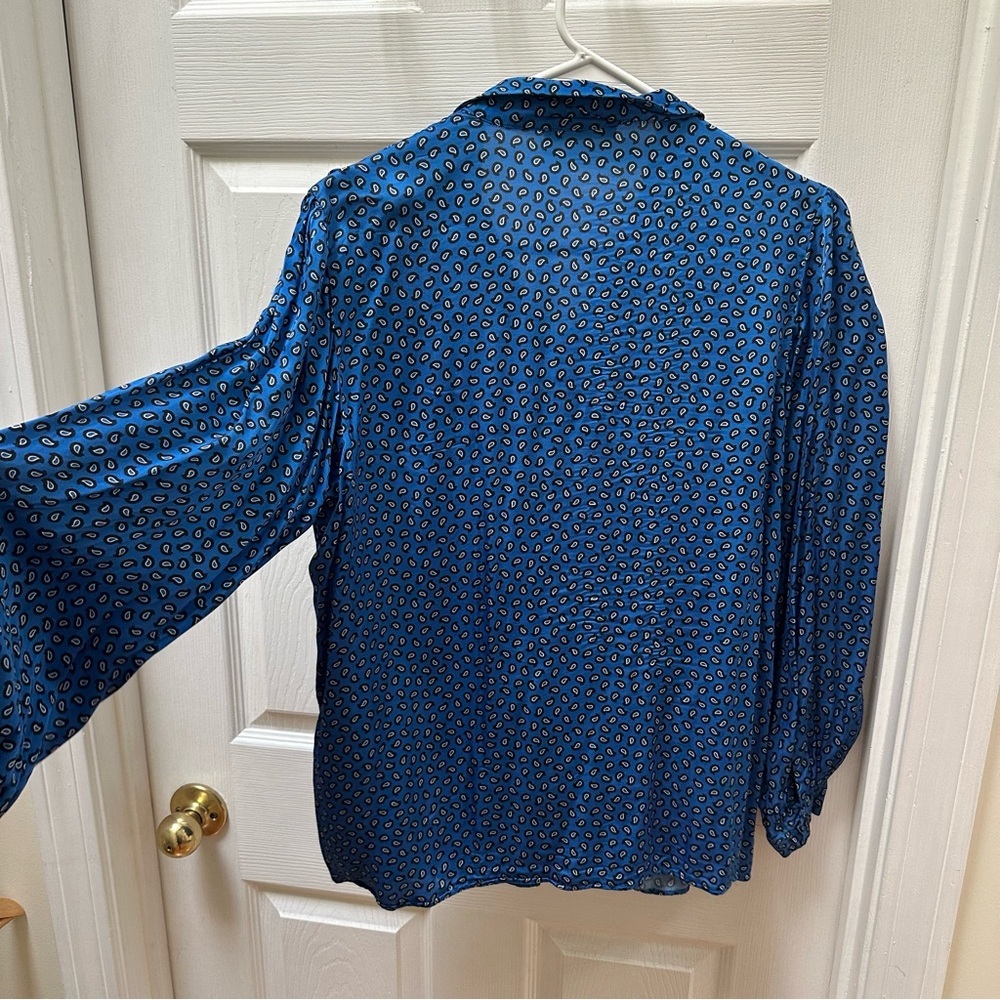 Maje Blue Patterned Ruffle Blouse Paisley-Print Ruffled Shirt m medium - Picture 9 of 10